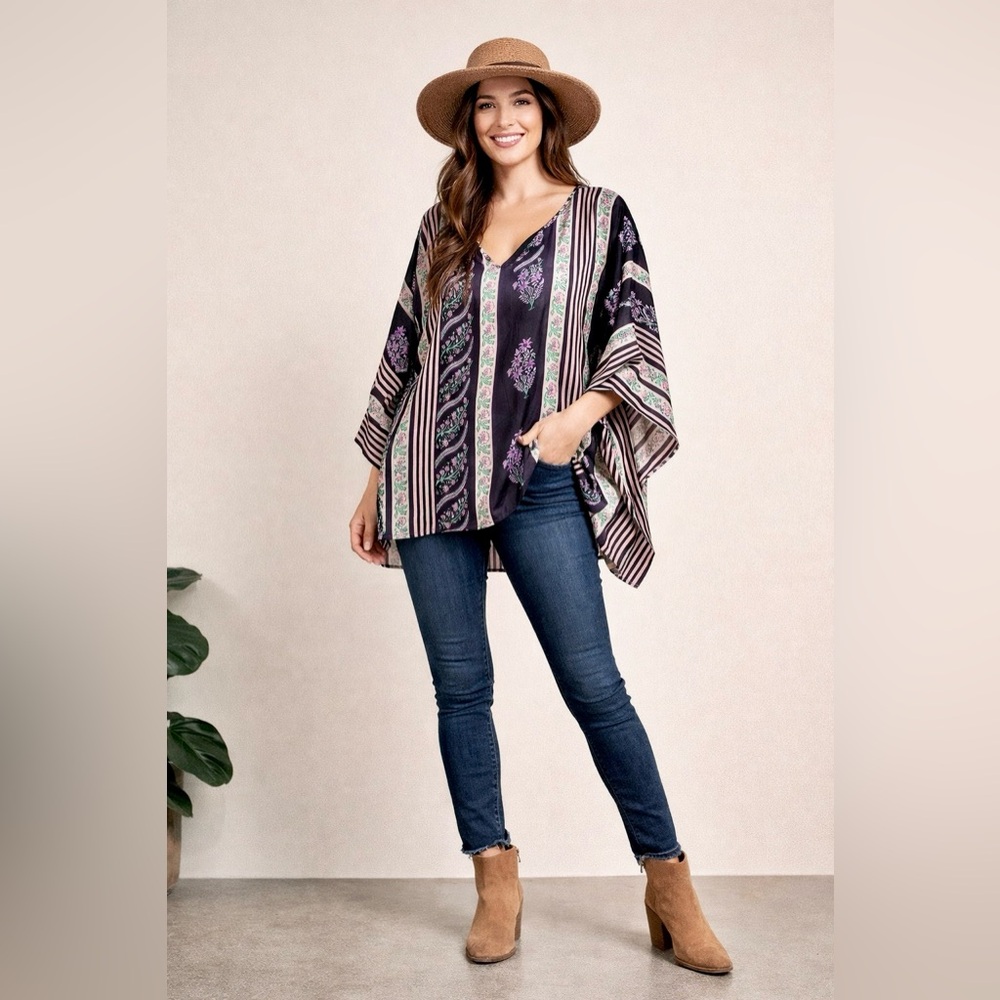 Silk Persaman New York Kaftan Top Size 3X Boho Floral Purple Black Tunic
